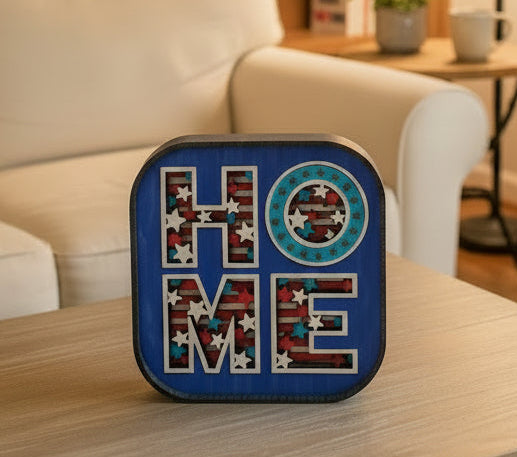 Decorative patch with a blue border and star pattern on a wooden surface