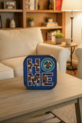 Decorative patch with a blue border and star pattern on a wooden surface