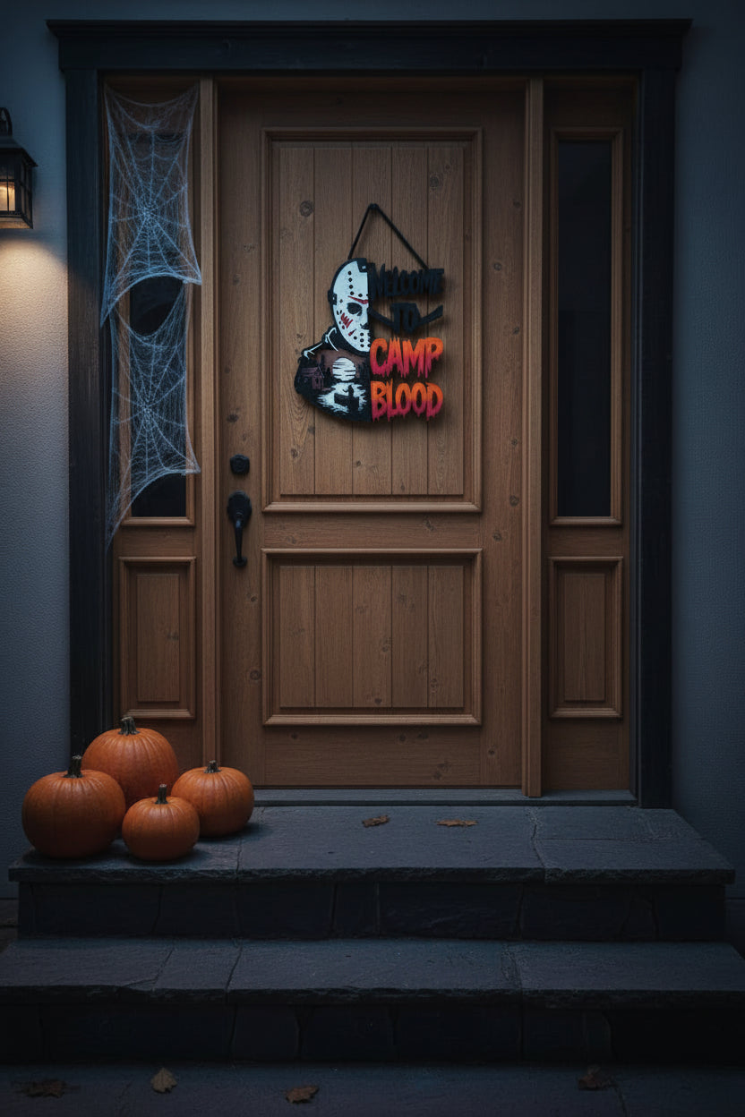 A horror-themed wall sign reading 'WELCOME TO CAMP BLOOD' with stylized orange-red and black lettering, plus three illustrated masks in white, brown, and black. The sign is photographed against a plain light wall.