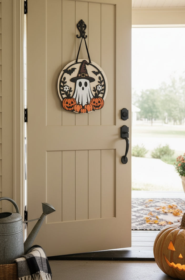 A circular wooden Halloween wall hanging featuring a white ghost wearing a black witch hat, surrounded by orange jack-o'-lanterns, black bats, and white flowers on a light wood background.